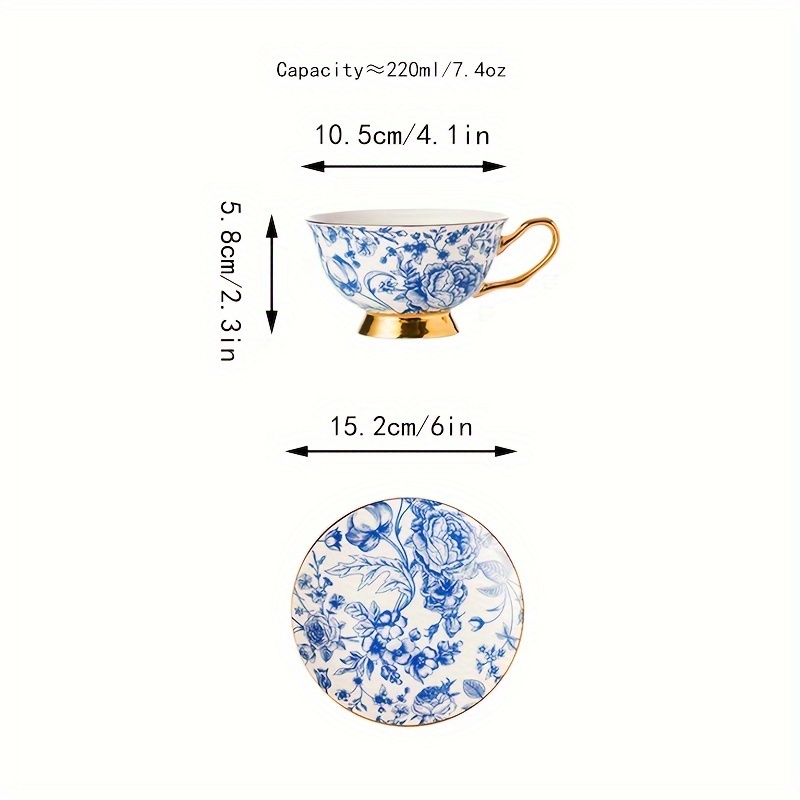 1pc Bone China Cup and Saucer , Ceramic Tea Coffee Cup for Wedding, Vintage Blue and White Porcelain Flower Pattern, Ceramic Royal Luxury Coffee Mug, Porcelain Latte Cup Saucer Teacup for Afternoon Tea, Mother