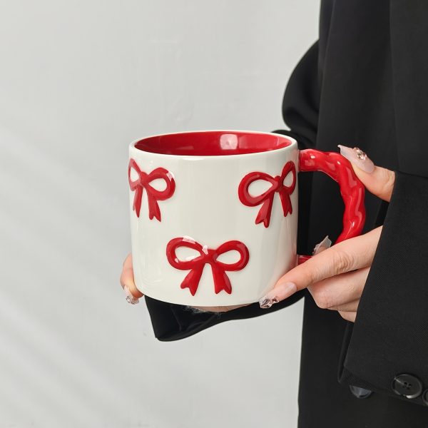 1pc New Creative 3D Bow Mug, High Aesthetic Twisty Handle Coffee Cup, Ceramic Coffee Cup, Milk Cup Water Cup, Microwave Safe, Perfect Gift for Bestie, Cute Girly Heart Drinking Cup, Valentine'S Day Gift. Souvenir Gift