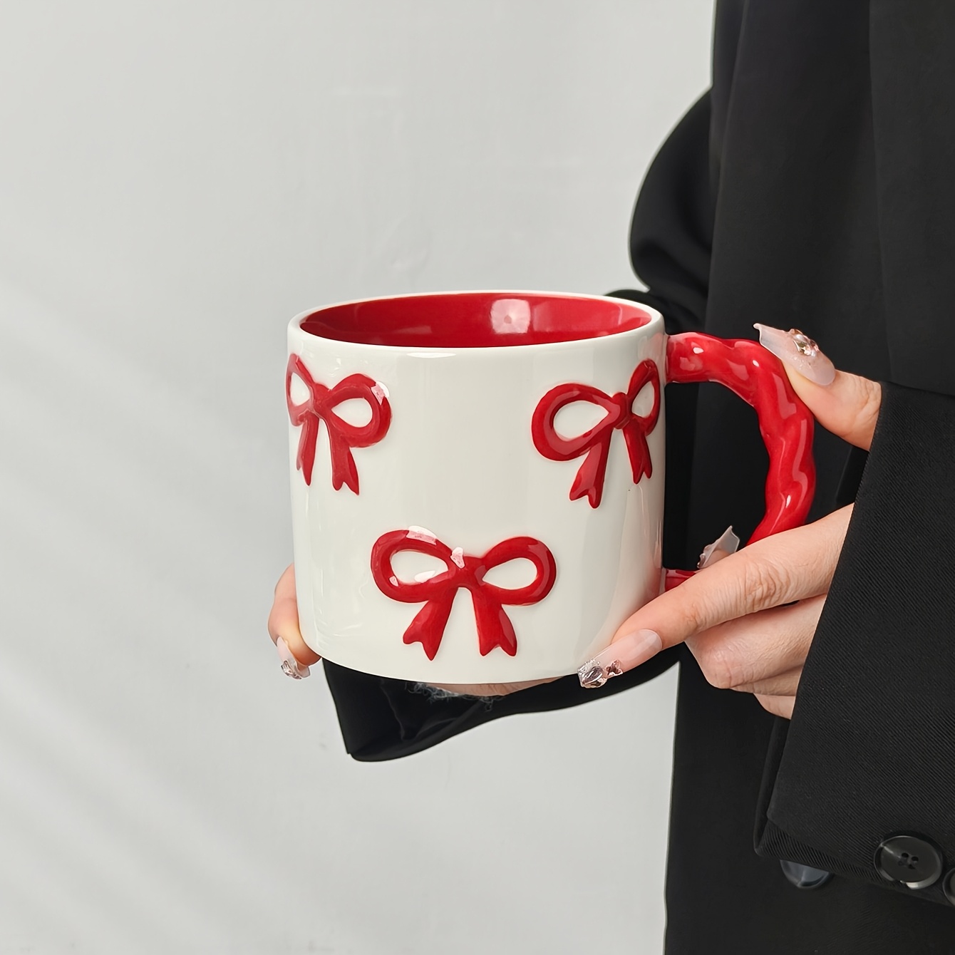 1pc New Creative 3D Bow Mug, High Aesthetic Twisty Handle Coffee Cup, Ceramic Coffee Cup, Milk Cup Water Cup, Microwave Safe, Perfect Gift for Bestie, Cute Girly Heart Drinking Cup, Valentine