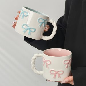 1pc New Creative 3D Bow Mug, High Aesthetic Twisty Handle Coffee Cup, Ceramic Coffee Cup, Milk Cup Water Cup, Microwave Safe, Perfect Gift for Bestie, Cute Girly Heart Drinking Cup, Valentine'S Day Gift. Souvenir Gift - Image 11