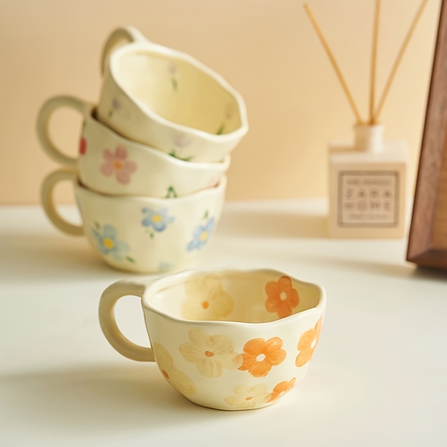 8.5oz Milky Yellow Ceramic Tulip Mug - Hand Pinched Irregular Coffee Cup, Matcha Tea Cup, Oatmeal Cup, Small Flower Breakfast Cup, Reusable for Home, Office or Cafe, Gift for Birthdays, Christmas, Halloween, Easter, Youngster