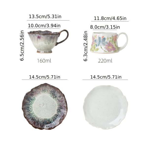 Vintage Kiln-Transformed Coffee Cup, Hand-Painted Floral Mug, Ceramic Latte Cup with Saucer, Latte Art Cup, 5.41oz 7.44oz, Afternoon Tea Tea Set